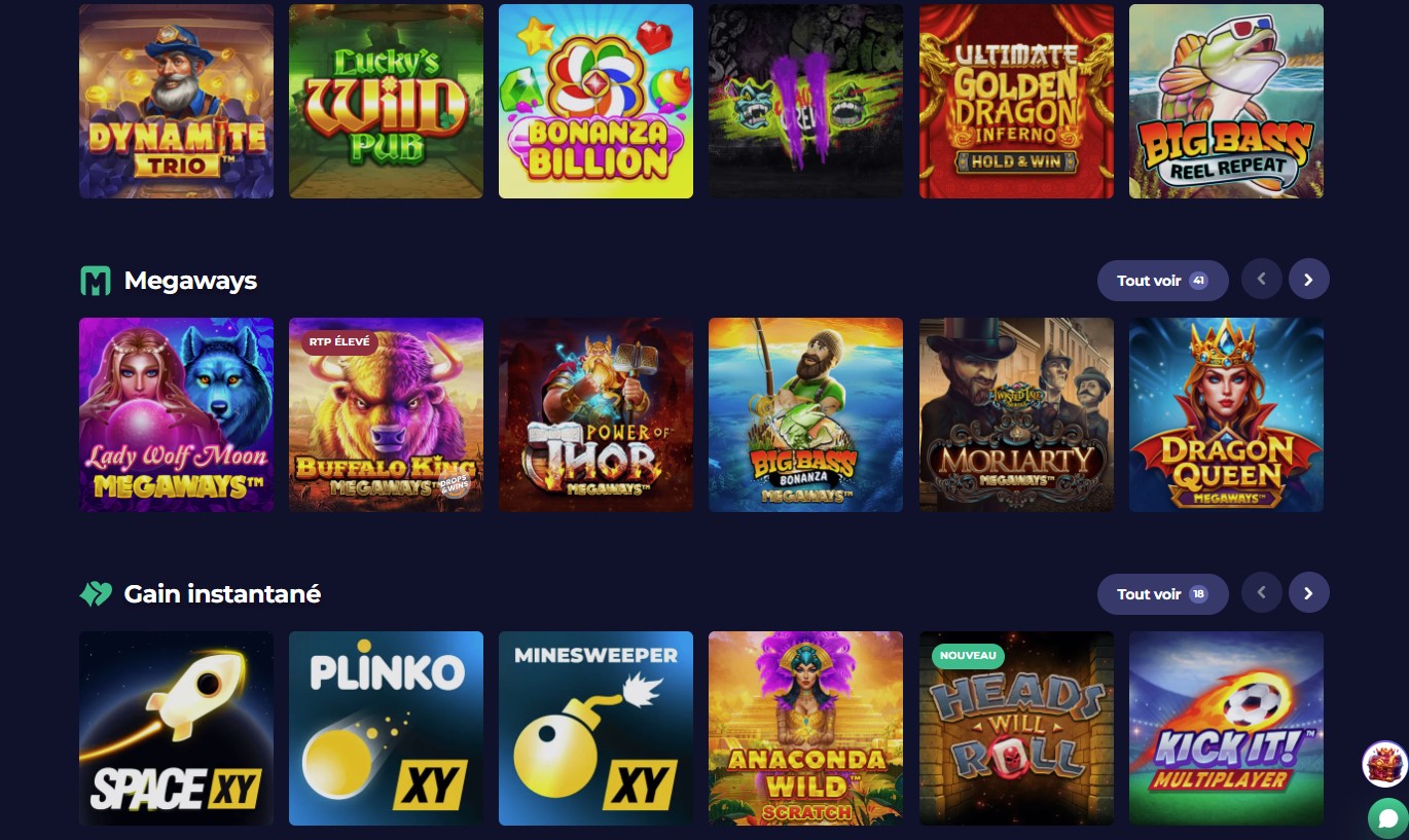 Sélection variée de machines à sous et jeux en direct sur Pino