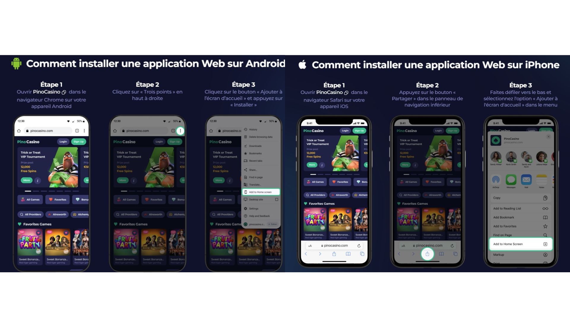 Interface responsive de Pino Casino affichée sur mobile, tablette et ordinateur