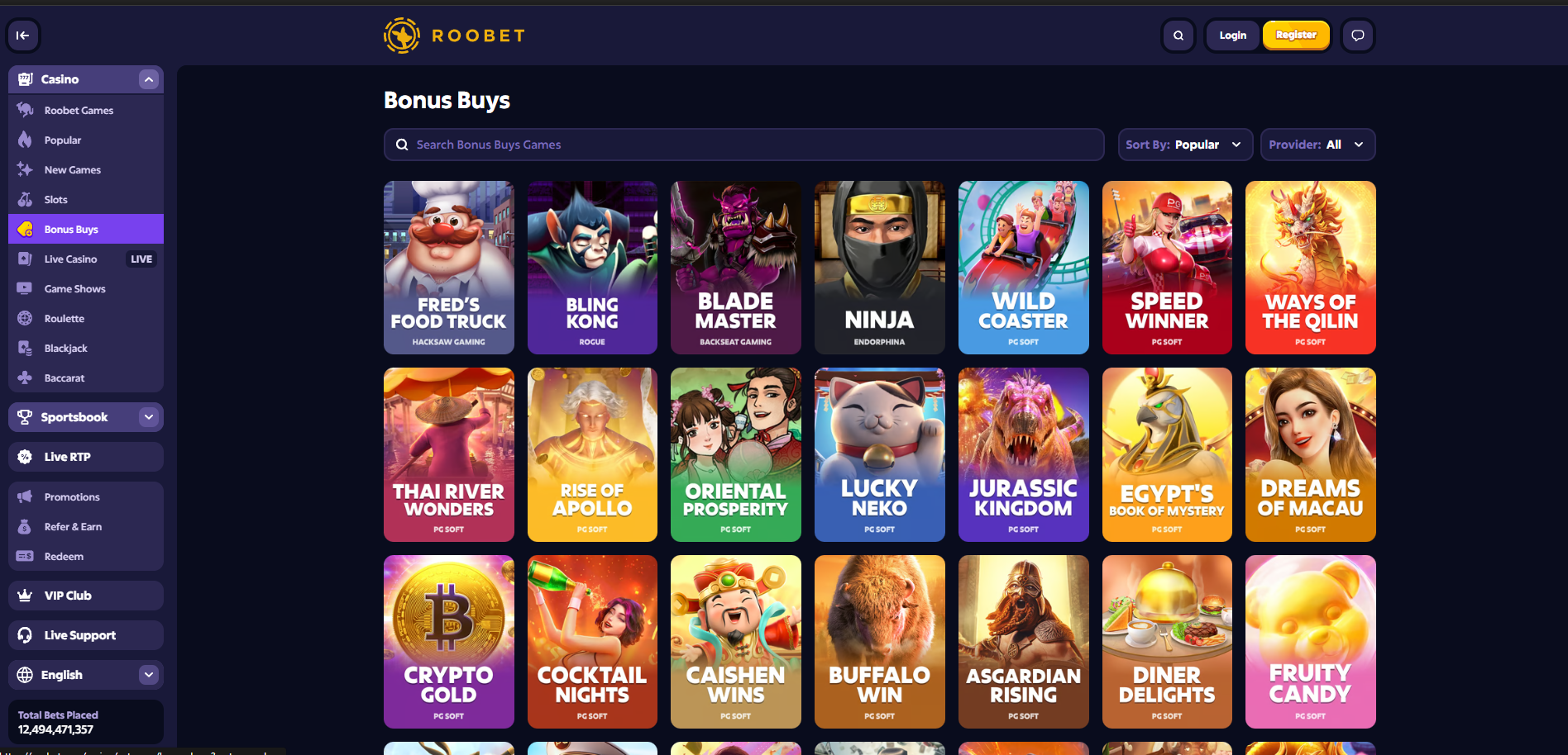Sélection de machines à sous proposant l'achat de bonus directs sur Roobet