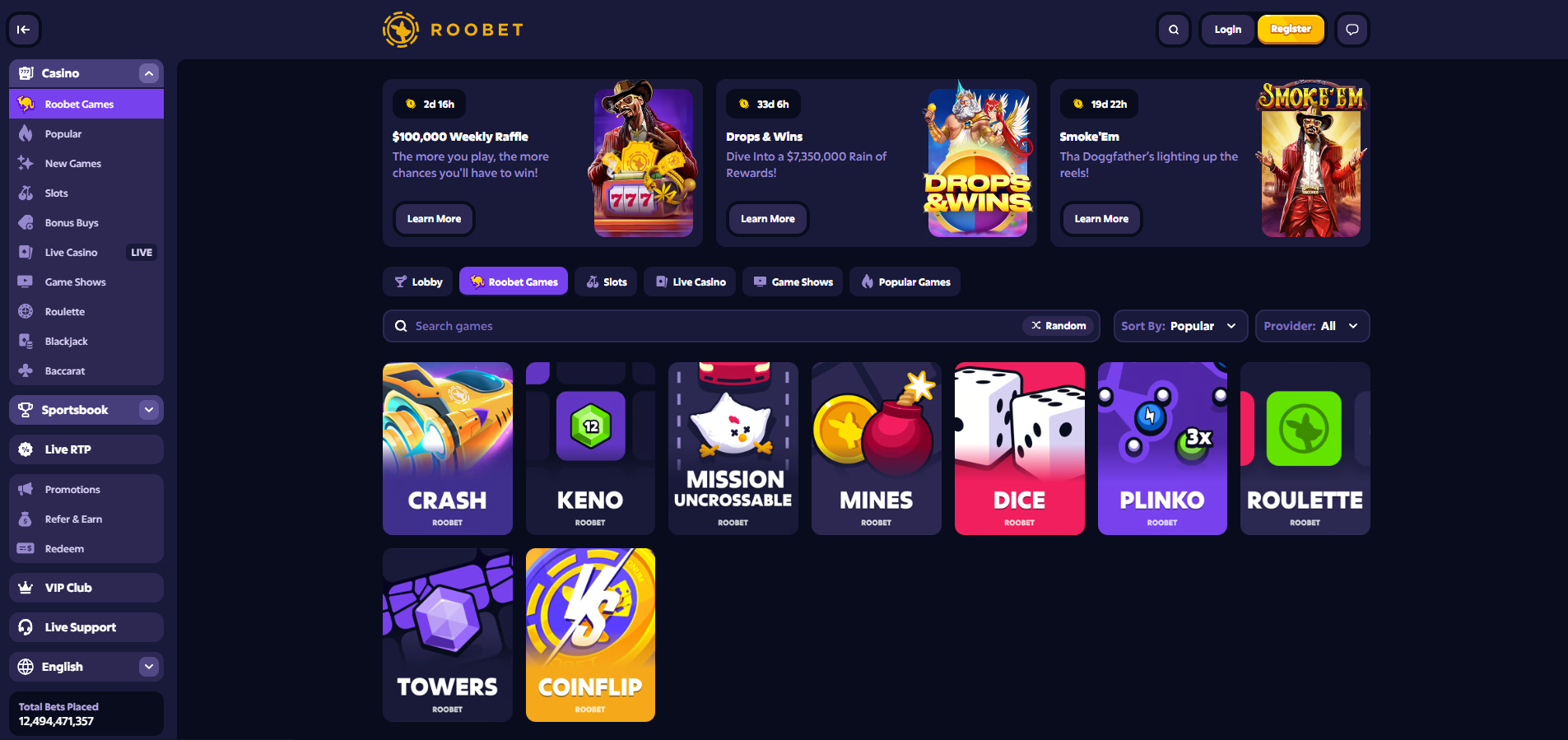Catalogue étendu des jeux disponibles sur la plateforme de casino crypto Roobet