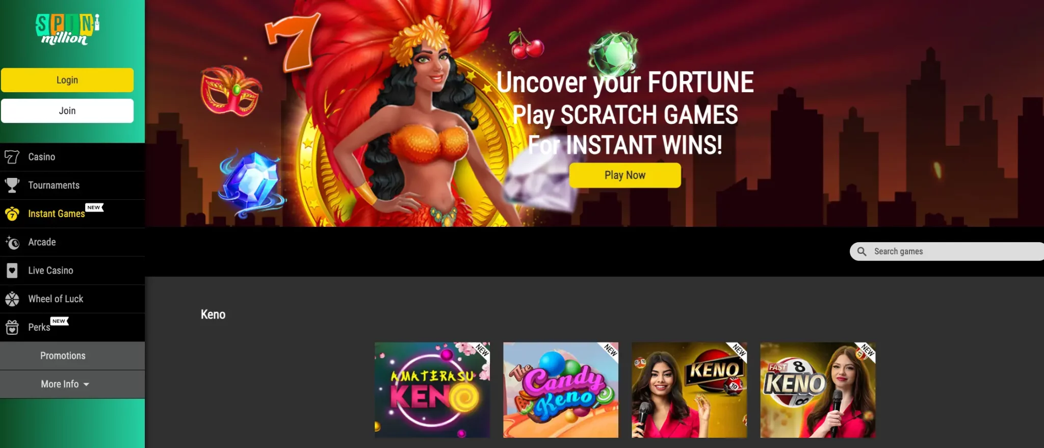 Sélection de jeux instantanés et rapides disponibles sur la plateforme SpinMillion Casino
