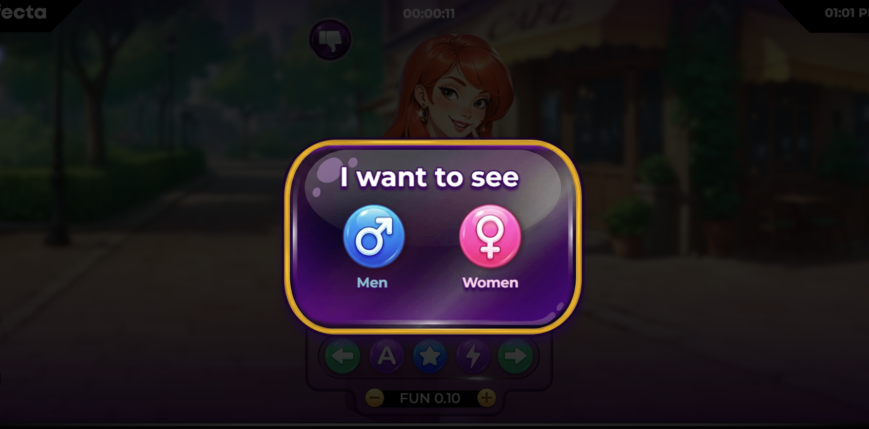 Interface de seleção de preferência de gênero no Spin Dating.