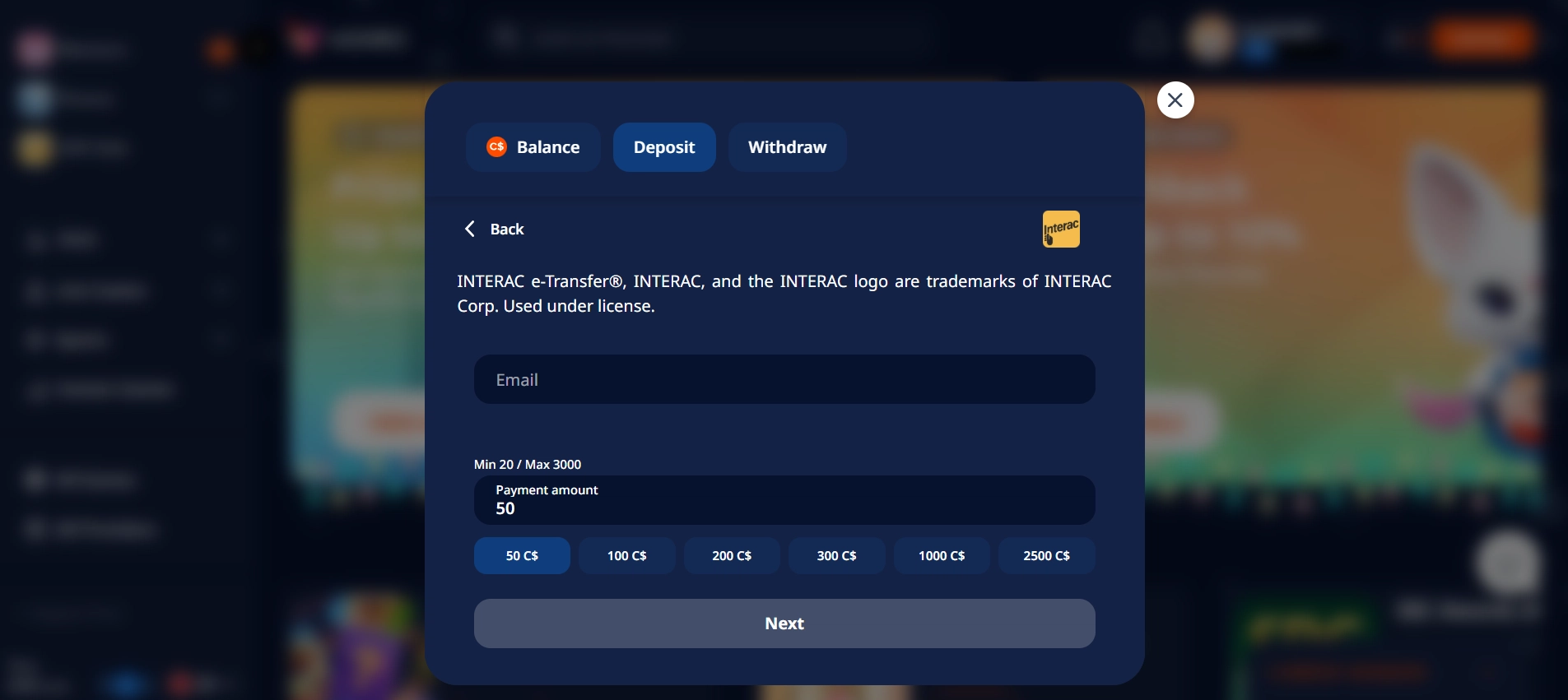 Identifying Interac trademarks and limits on secure casino deposit form fields