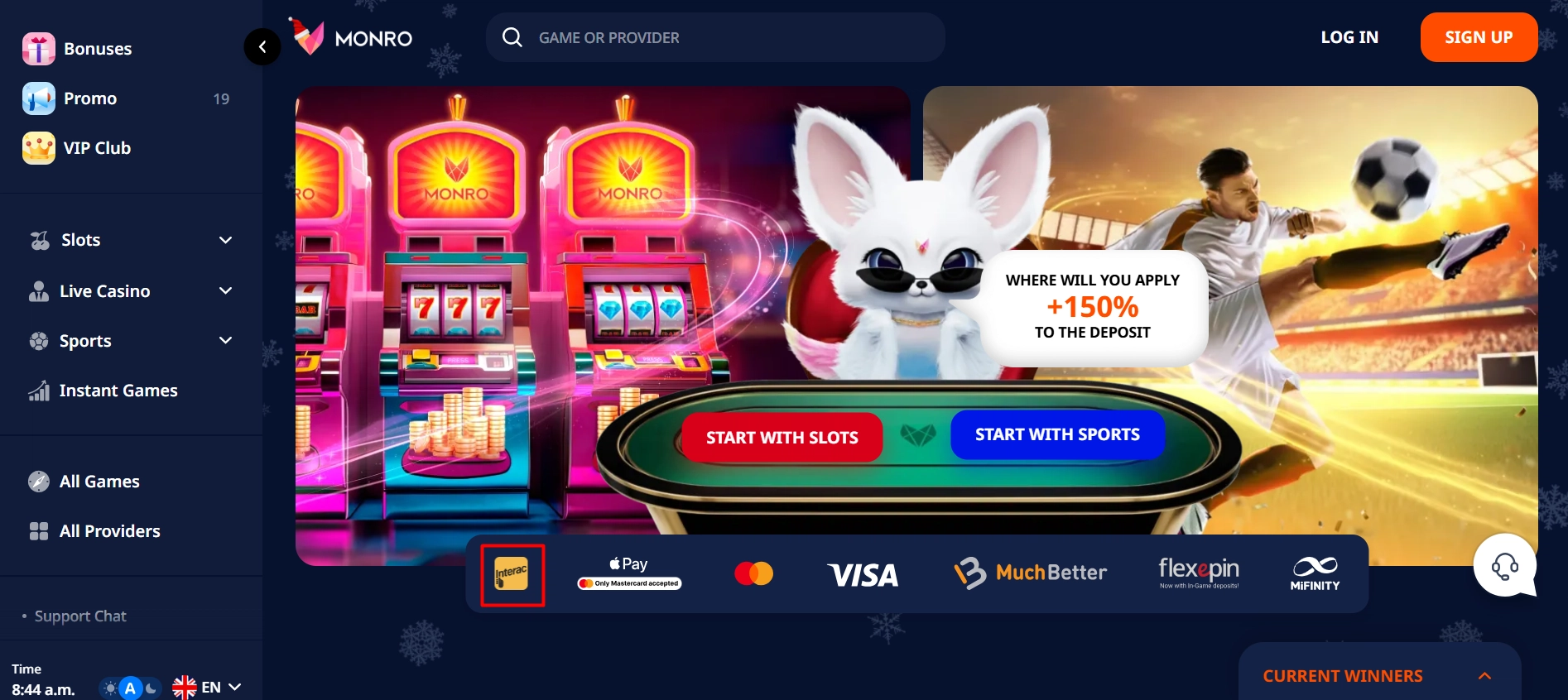 Monro Casino promotional banner highlighting Interac payment support for Canadian players