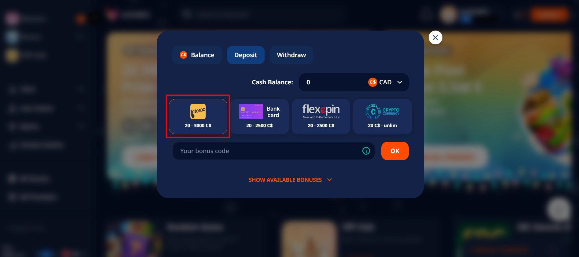 Selecting Interac funding option displayed among crypto and credit payment methods